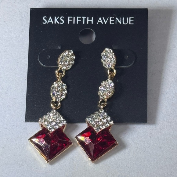 Saks Fifth Ave Pave Teardrop Crystal Post With Drop Red Crystal Earrings - Picture 1 of 9